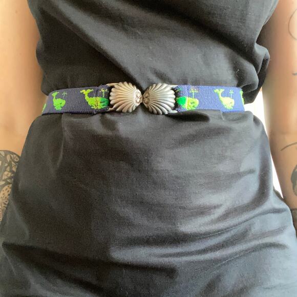 Vintage Aquatic Shell Closure Belt Whale Brat Green Blue Elastic Accessory - Picture 1 of 4